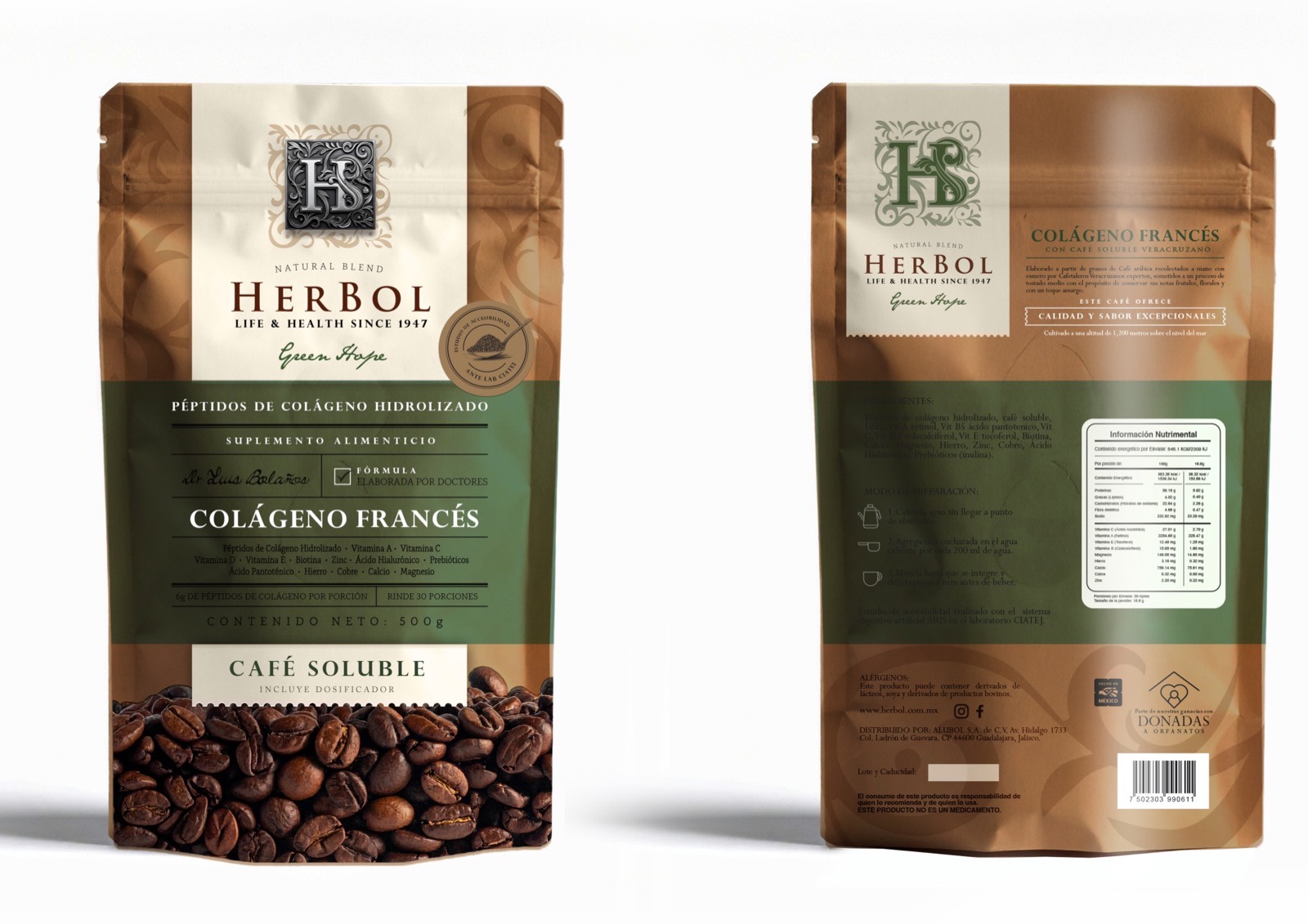 Colágeno HerBol 500 g: bolsa vista de frente y de reverso